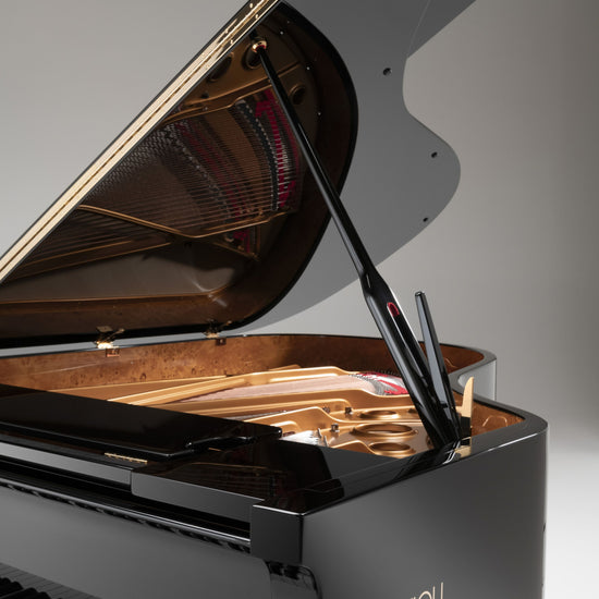 Détail du Fazioli F198 noir poli avec clavier et intérieur, piano à queue neuf proposé par Accord & Co