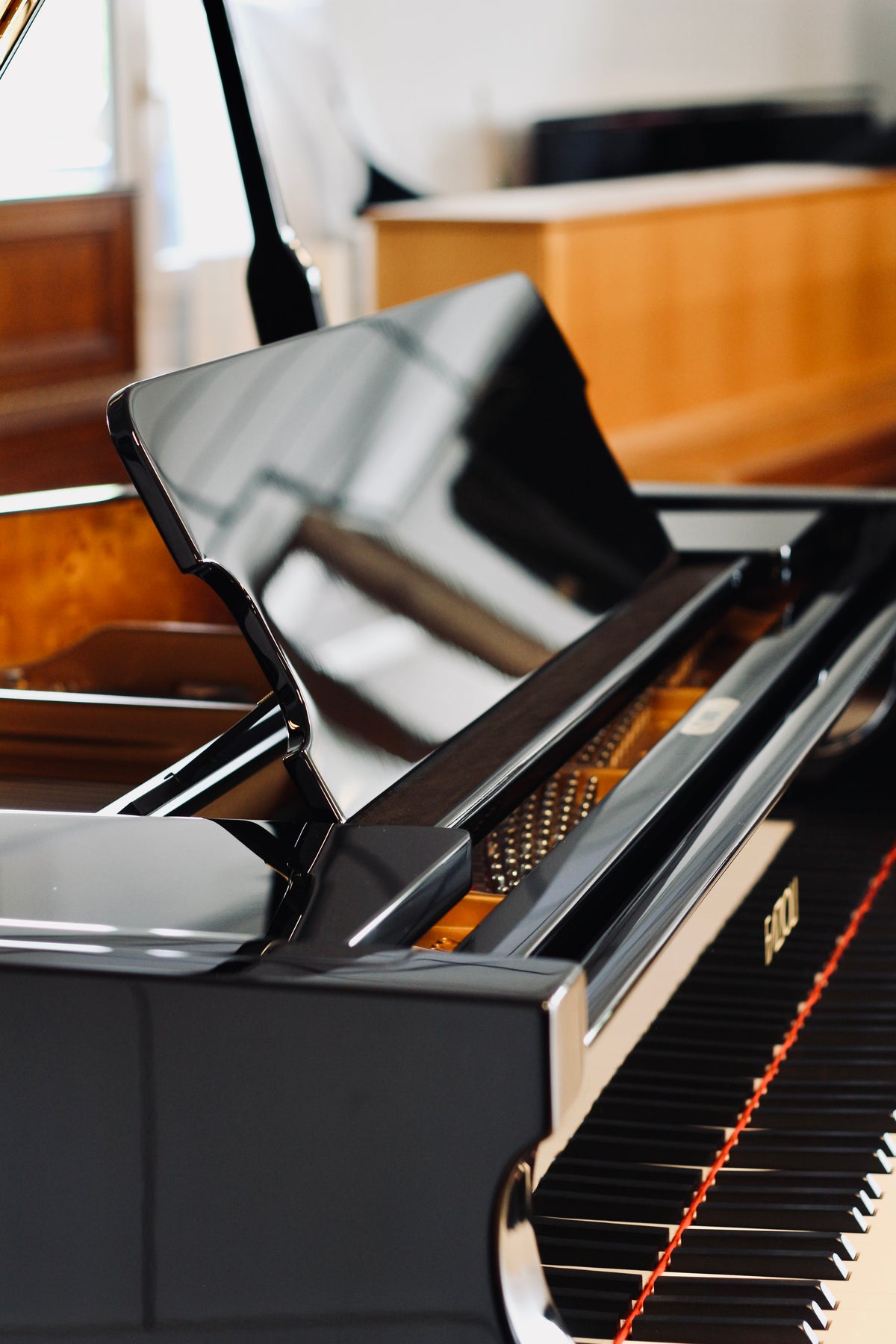 Détail de la mécanique du piano à queue Fazioli F212 d’occasion chez Accord & Co