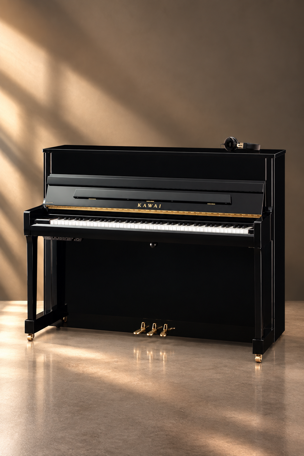 Piano droit hybride Kawai K-200 ATX4 114 cm noir poli avec système silencieux AnyTime ATX4