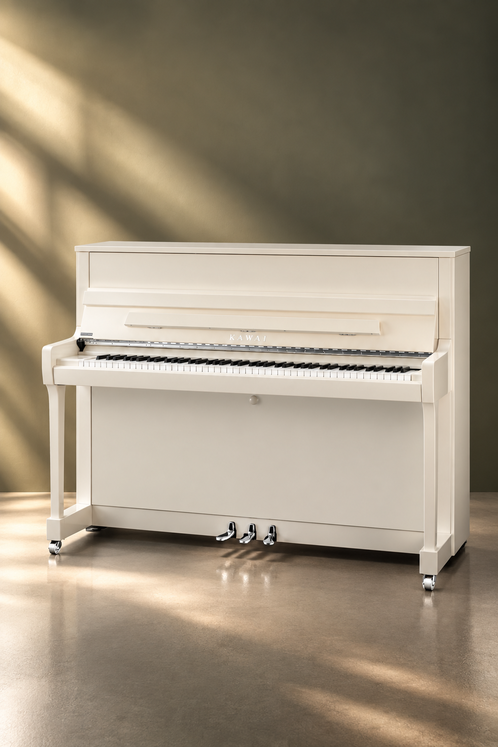 Piano droit Kawai K-200 114 cm blanc poli avec finitions Silver