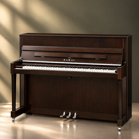 Piano droit Kawai K-200 114 cm noyer foncé avec finitions Silver