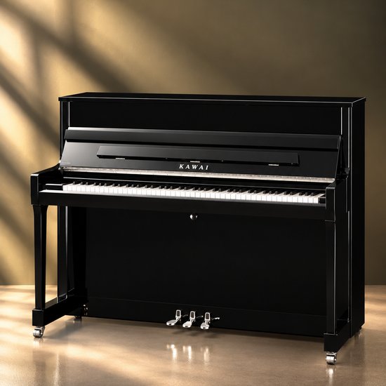 Piano droit Kawai K-300 122 cm noir poli avec finitions Silver