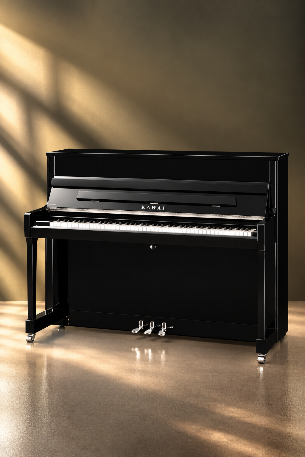 Piano droit Kawai K-300 122 cm noir poli avec finitions Silver